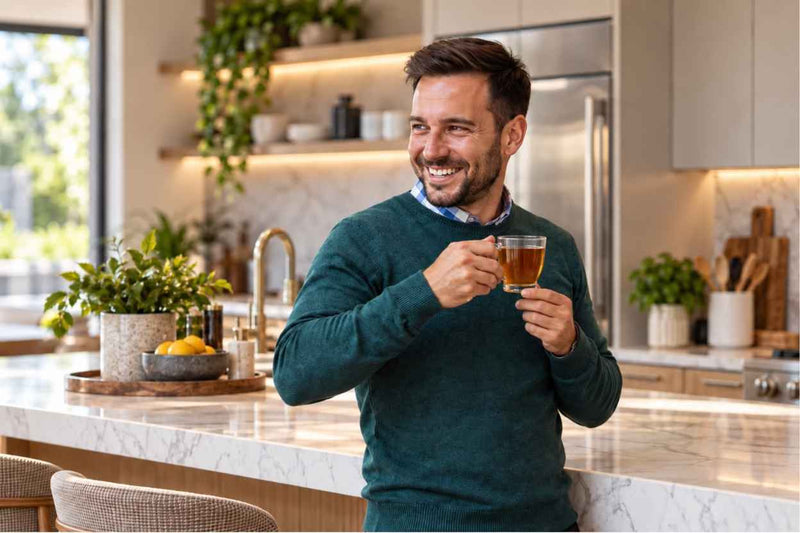 Man holding a cup of tea in a modern kitchen, representing black turmeric as a natural energy alternative to coffee in Live Oak, Florida.