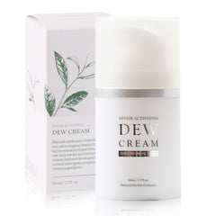 Dew Cream packaging with white container and green leaf design on a white background