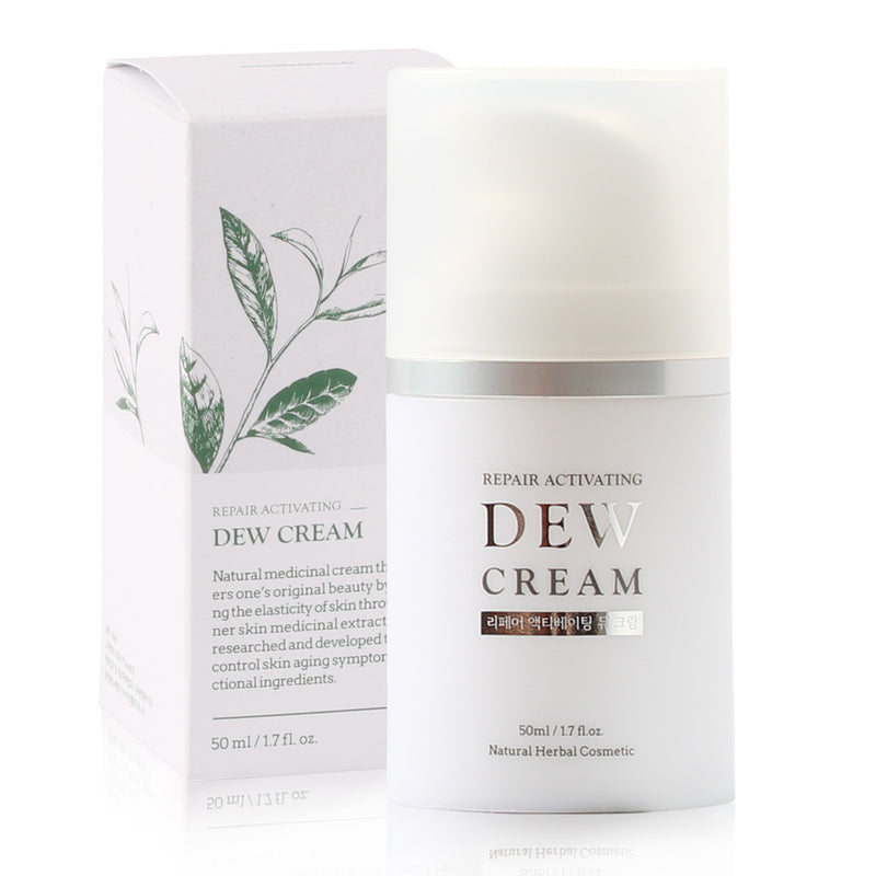 Dew Cream packaging with white container and green leaf design on a white background