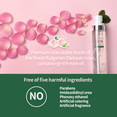 Cosmetic bottle with pink rose petals on a pink background, featuring text about rose water and its benefits.