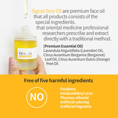 Hand holding a bottle of Dew Oil with product details and safety information on a white background.