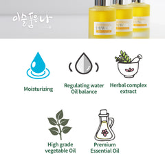 Product packaging with icons and text describing yellow dew oil product features on a white background.
