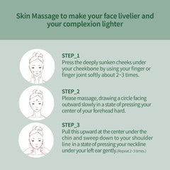 Instructions for skin massage on a green background with illustrations of a woman's face.