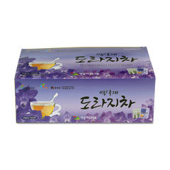 Balloon flower tea box with purple design and tea graphics on a white background