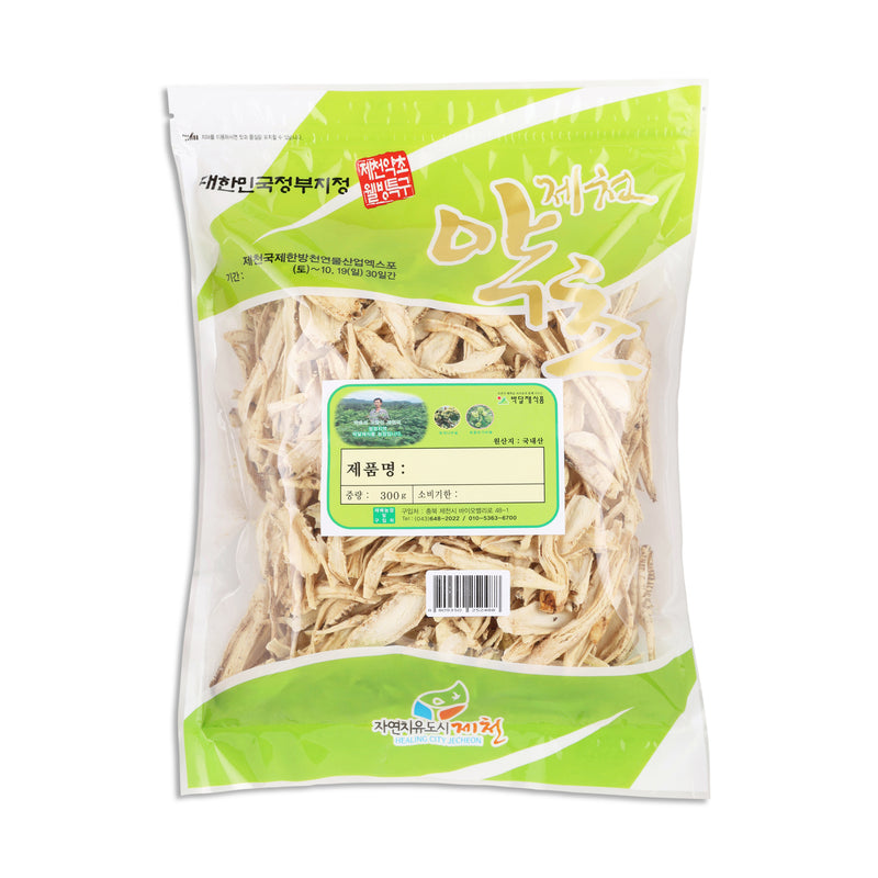 Packaged dried balloon flower root slices with green and white label on a white background