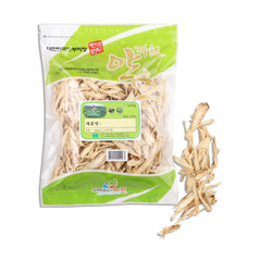 Dried dried balloon flower root slices package with a separate root on a white background