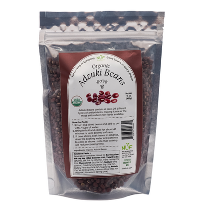 Package of organic adzuki beans with a visible label on a white background