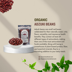 Advertisement for organic adzuki beans with text about their health benefits on a neutral background.