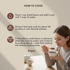 Cooking instructions for beans with a woman enjoying her meal.