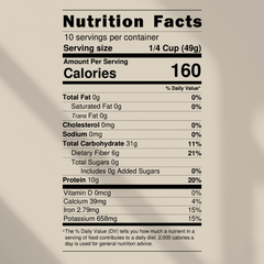 Nutrition facts label for a food product with serving size, calories, and detailed nutritional information.