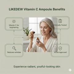 Woman holding a LIKEDEW Vitamin C Ampoule with benefits displayed on a light background
