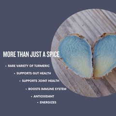 Ease Land Organic Farm Turmeric root on a wooden board with health benefits text on a blue background