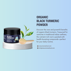 Jar of New Universe Food organic black turmeric powder with a spoon and leaf on a light blue background