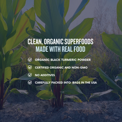 Advertisement for New Universe Food clean, organic superfoods with Black Turmeric leaves in the background