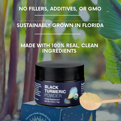 Black container of black turmeric powder with text about sustainability and ingredients, set against a blurred natural background.