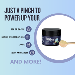 Container of New Universe Food black turmeric powder with a wooden scoop on a light blue background