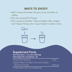 Instructions on how to enjoy a supplement with serving size and facts displayed.