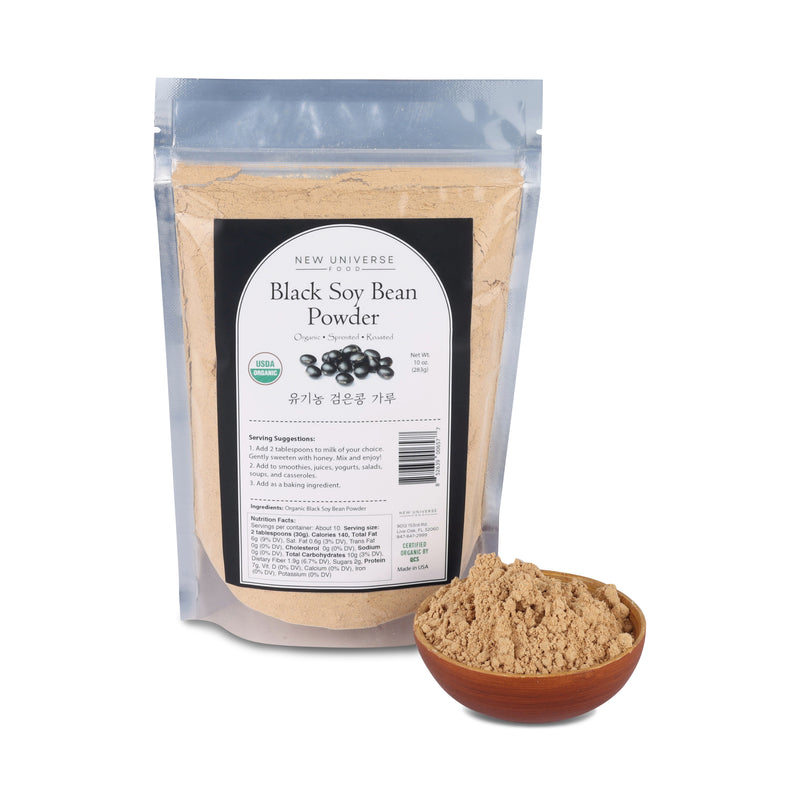 Packaging of New Universe Black Soy Bean Powder with a bowl of powder on a white background