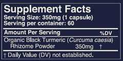 Supplement facts label for New Universe Food organic black turmeric rhizome powder on a blue background