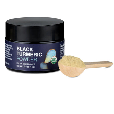 New Universe Food Black turmeric powder container with a scoop on a white background