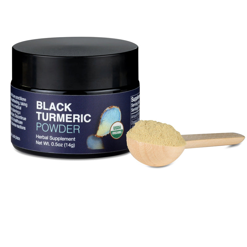 New Universe Food Black turmeric powder container with a scoop on a white background