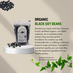 Packaging of organic black soy beans with text about the product on a beige background.