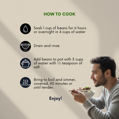Instructions on how to cook beans with a man holding a bowl of food.