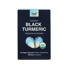 Box of organic black turmeric supplement with NUF branding on a white background