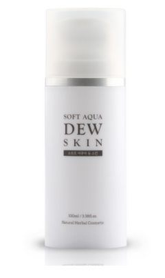 Skincare bottle labeled 'Dew Skin' with 'Vegan' certification on a white background