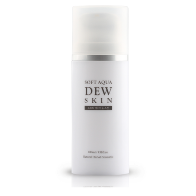Skincare bottle labeled 'Dew Skin' with 'Vegan' certification on a white background