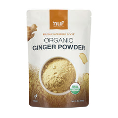 Package of NUF Organic Ginger Powder with NUF branding on a white background 