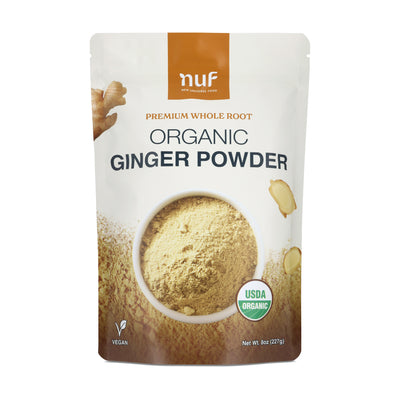 Package of NUF Organic Ginger Powder with NUF branding on a white background 