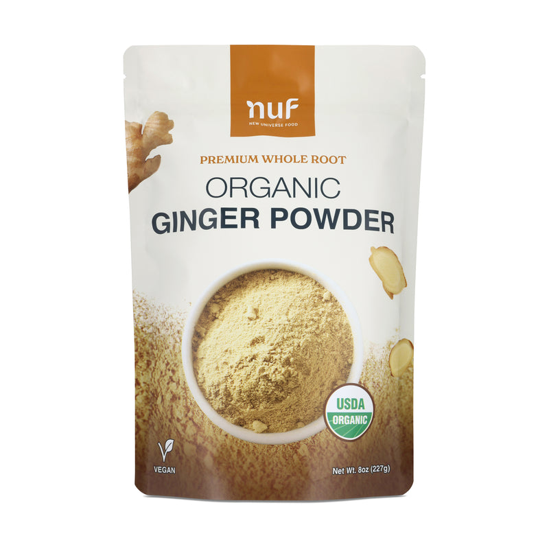 Package of NUF Organic Ginger Powder with NUF branding on a white background 