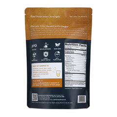 Back view of a NUF Organic Ginger Powder packaging with nutritional information and branding details.
