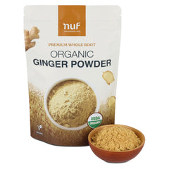 NUF Organic Ginger Powder packaging with a bowl of ginger powder on a white background