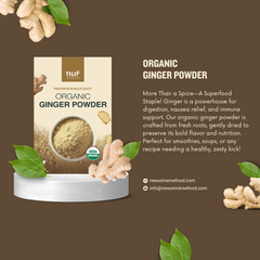 NUF Organic Ginger Powder packaging with ginger roots and leaves on a brown background
