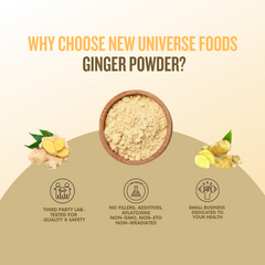 Promotional graphic for New Universe Foods ginger powder with text and icons on a beige background.