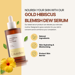 Gold Hibiscus Blemish Dew Serum bottle with product description and benefits on a yellow and white background