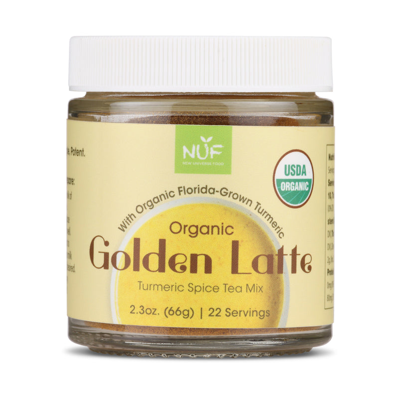 Jar of Organic Golden Latte Turmeric Spice Tea Mix with NUF logo on a white background