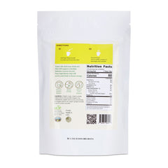 Back of a white package of NUF Immuni-Tea with nutritional information and QR code on a white background