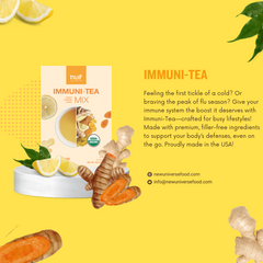 NUF Immuni-Tea  packaging with ginger, turmeric, and lemon on a yellow background