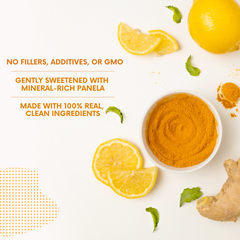 Turmeric powder in a bowl with lemons and ginger on a white background, featuring text about ingredient quality.