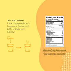 NUF Immuni-Tea nutrition facts label with instructions on a yellow and orange background