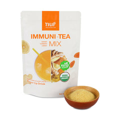 NUF Immuni-Tea Mix packaging with a bowl of the product on a white background