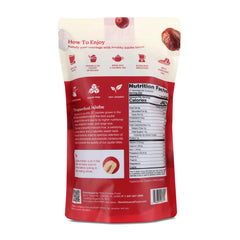 Back view of a red and white snack package with nutritional information and branding.