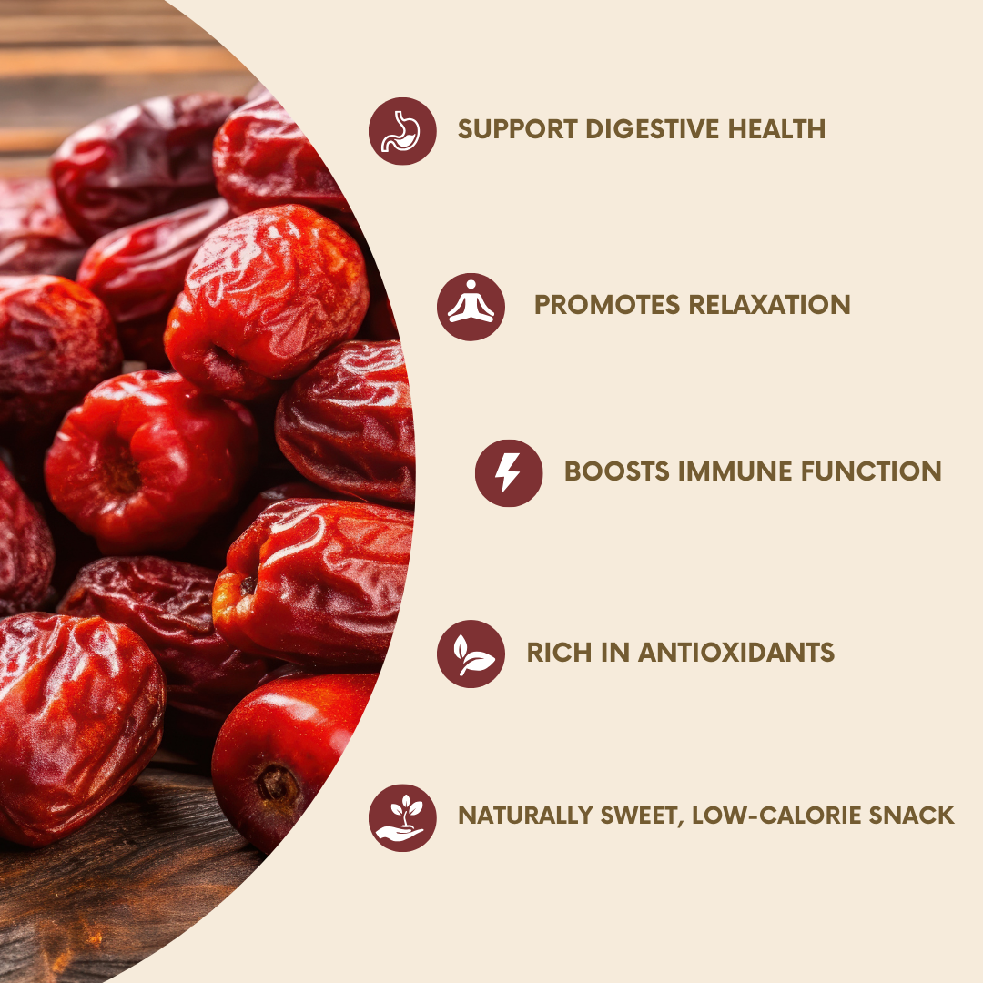 Date fruits with health benefits listed on a beige background