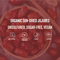 Organic sun-dried jujubes in a bowl with certification icons and text.