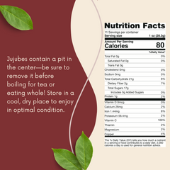Nutrition facts label for jujubes with leaf graphics on a brown background