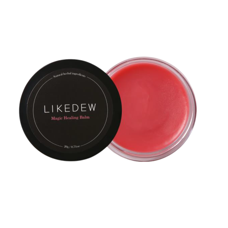 Pink balm in a black container with 'LIKEDEW' branding on a white background