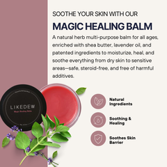 LIKEDEW Magic Healing Balm with text about its benefits on a white background